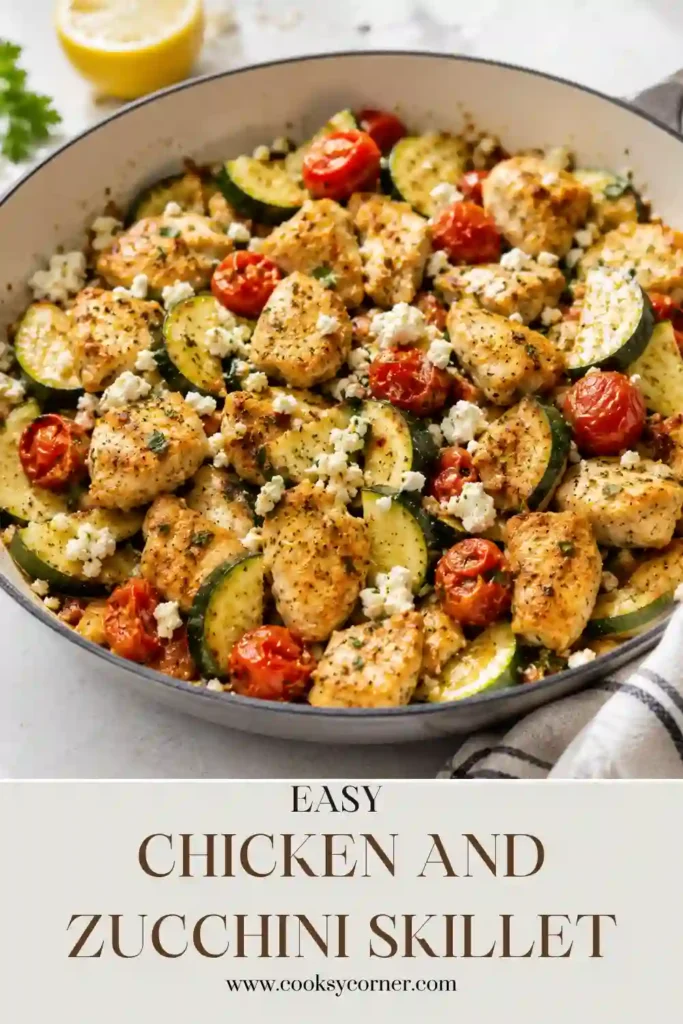 Fresh Chicken and Zucchini Skillet made with seasoned chicken, tender zucchini, tomatoes, garlic, lemon, and feta cheese. A healthy Mediterranean-inspired dinner served straight from the pan.
