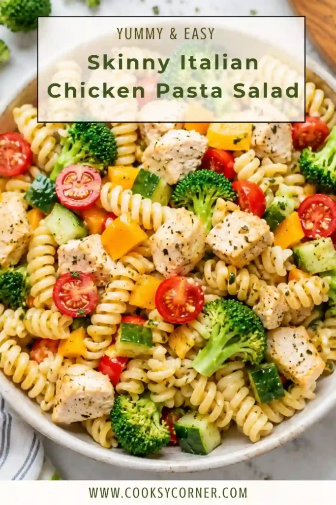 Fresh Skinny Italian Chicken Pasta Salad made with lean chicken breast, crisp vegetables, rotini pasta, and lemon Italian dressing. A light pasta salad recipe that's both colorful and satisfying.