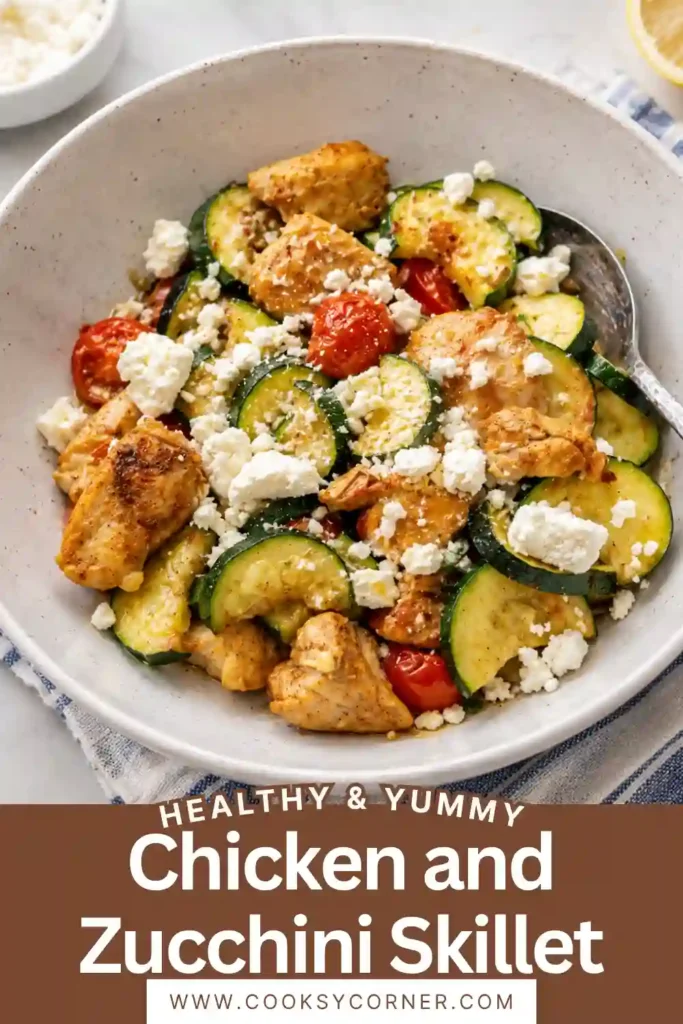 Close-up of a Chicken and Zucchini Skillet featuring golden chicken pieces, vibrant vegetables, and creamy feta. This easy one-pan recipe is nutritious, flavorful, and family-friendly.