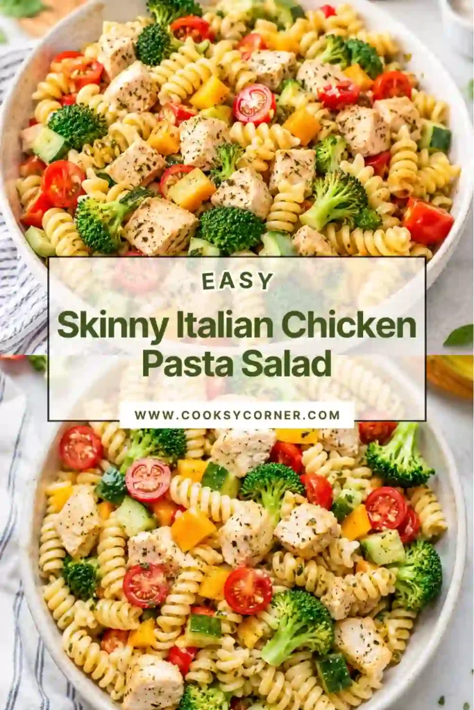 A bowl of Skinny Italian Chicken Pasta Salad filled with rotini pasta, grilled chicken, broccoli, tomatoes, cucumbers, and bell peppers tossed in a homemade Italian dressing. This colorful healthy chicken pasta salad is perfect for meal prep and summer lunches.