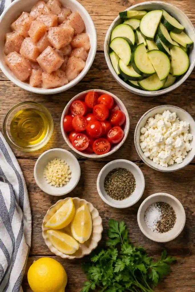 Healthy Chicken and Zucchini Skillet prepared with juicy chicken thighs, zucchini, cherry tomatoes, fresh garlic, lemon juice, and feta cheese for a delicious weeknight meal.