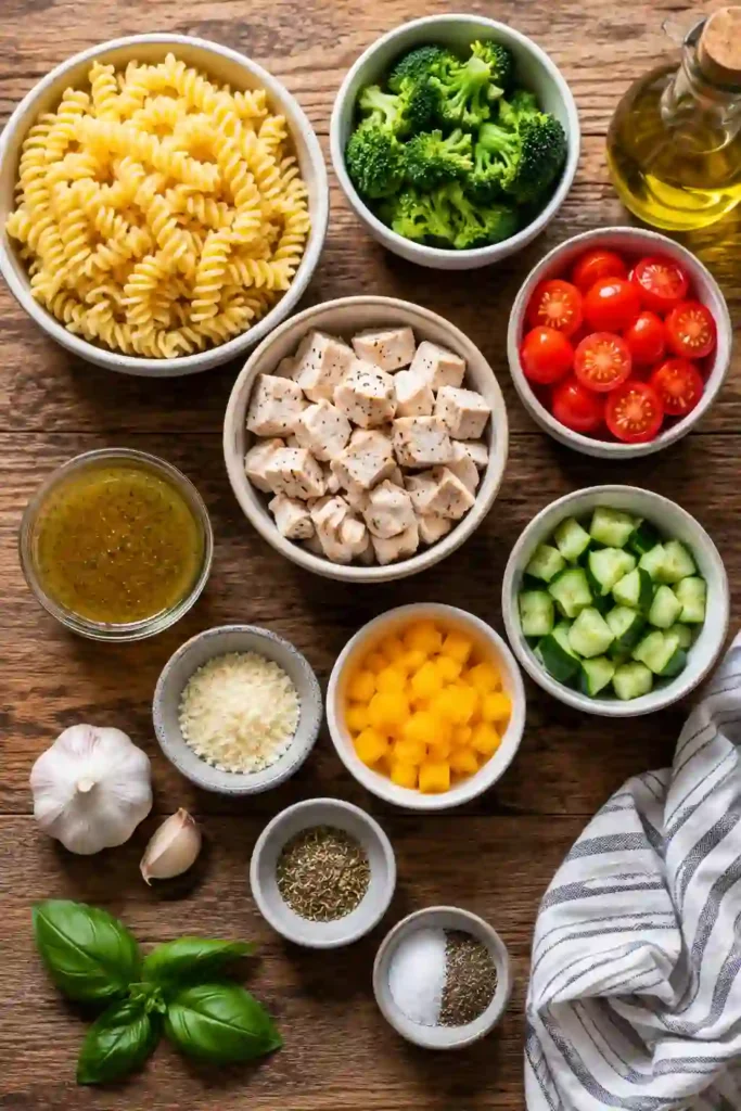 Close-up of Skinny Italian Chicken Pasta Salad served in a large bowl with homemade Italian dressing coating every bite. A refreshing meal prep pasta salad packed with vibrant vegetables and lean protein.