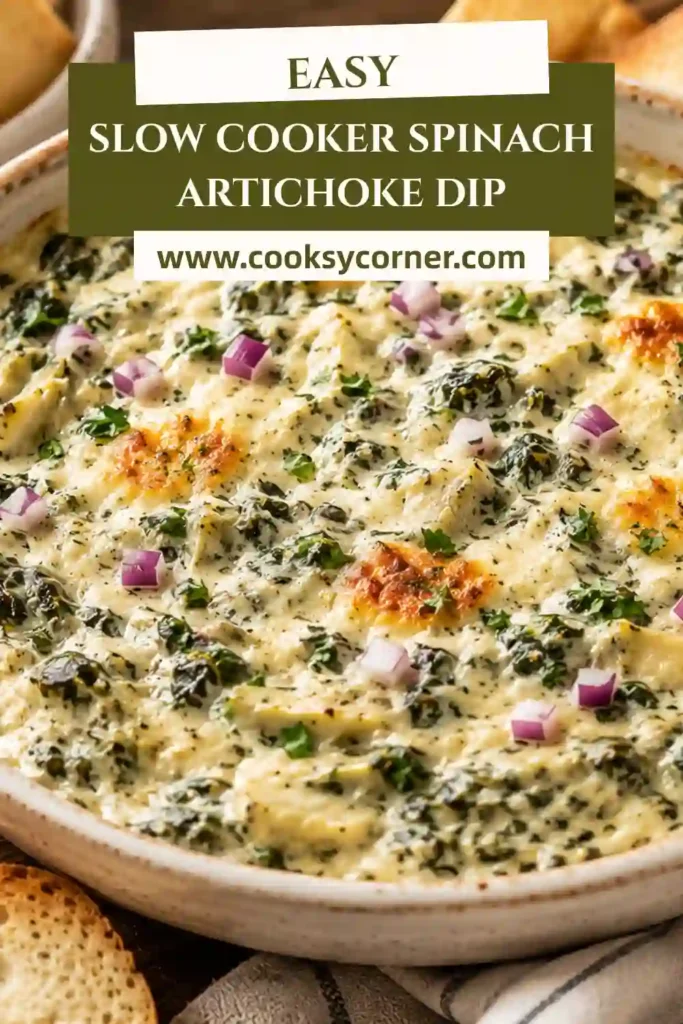 Warm crockpot spinach artichoke dip served with tortilla chips and sliced baguette for dipping.