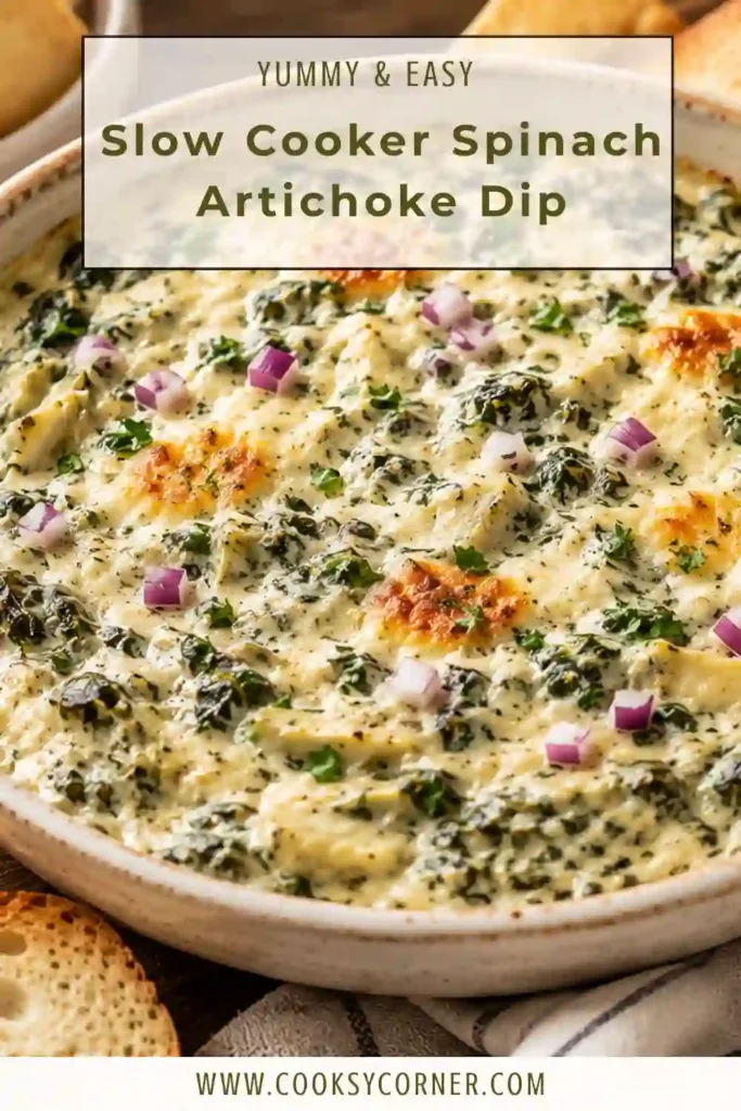 Creamy spinach artichoke dip made with mozzarella, Parmesan, yogurt, and fresh spinach in a slow cooker.