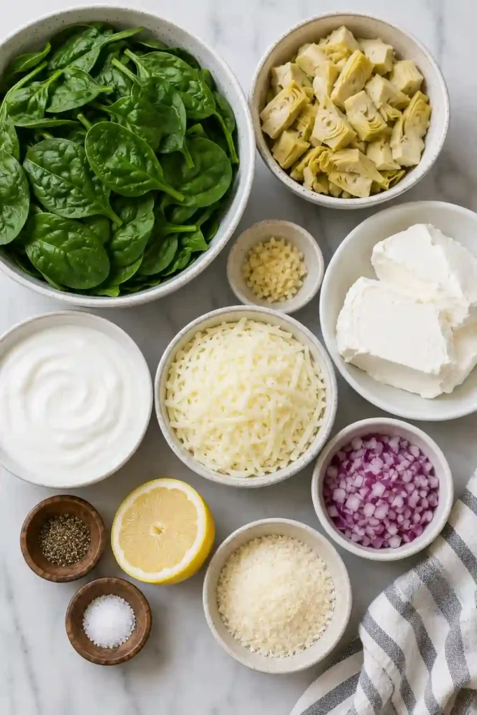 Cheesy spinach and artichoke dip garnished with fresh herbs and served as a party appetizer.