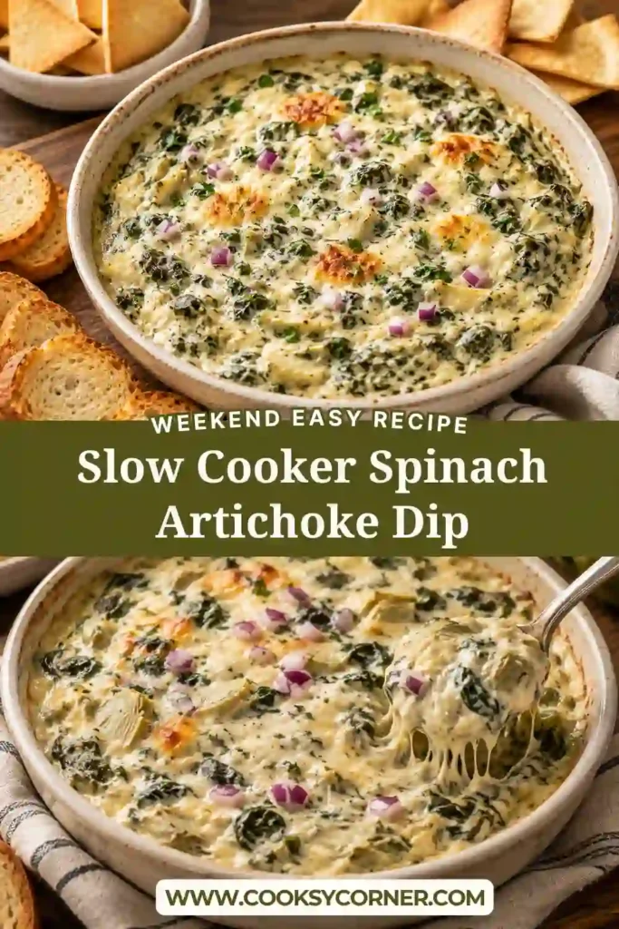 A bowl of Slow Cooker Spinach Artichoke Dip topped with Parmesan and served with toasted bread, crackers, and fresh vegetables.