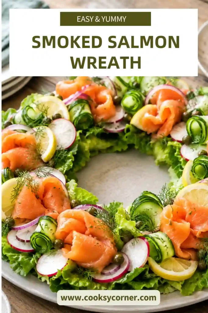 Holiday Smoked Salmon Wreath made with fresh lettuce, smoked salmon, radishes, cucumbers, capers, and lemon served with creamy dill sauce. Ideal for Christmas brunch and festive appetizer tables.