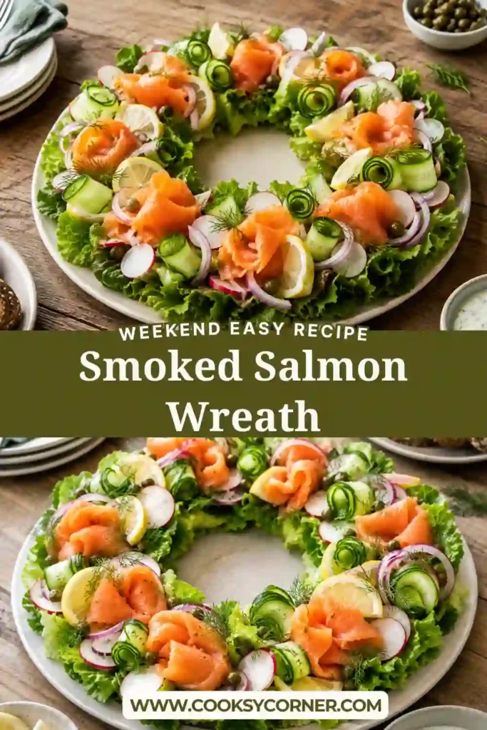 Fresh Smoked Salmon Wreath featuring vibrant vegetables, smoked salmon slices, fresh dill, and creamy yogurt horseradish dip. A beautiful Christmas salad centerpiece for holiday gatherings.