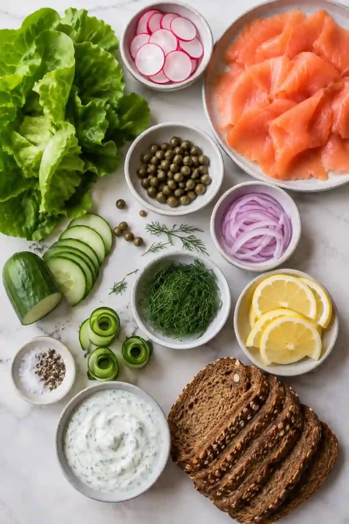 An elegant Smoked Salmon Wreath displayed on a serving platter with fresh vegetables, herbs, and creamy dipping sauce. Perfect for holiday entertaining and Christmas celebrations.