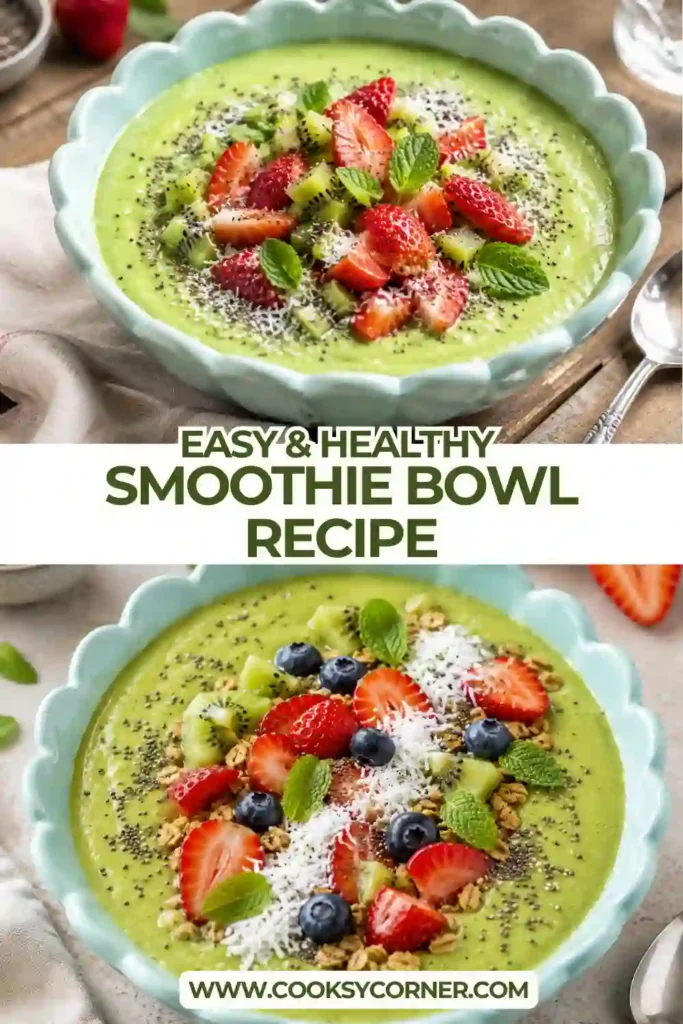 2. Creamy mango smoothie bowl served with fresh berries and crunchy chia seeds. A colorful vegan breakfast that is naturally dairy-free and refreshing.