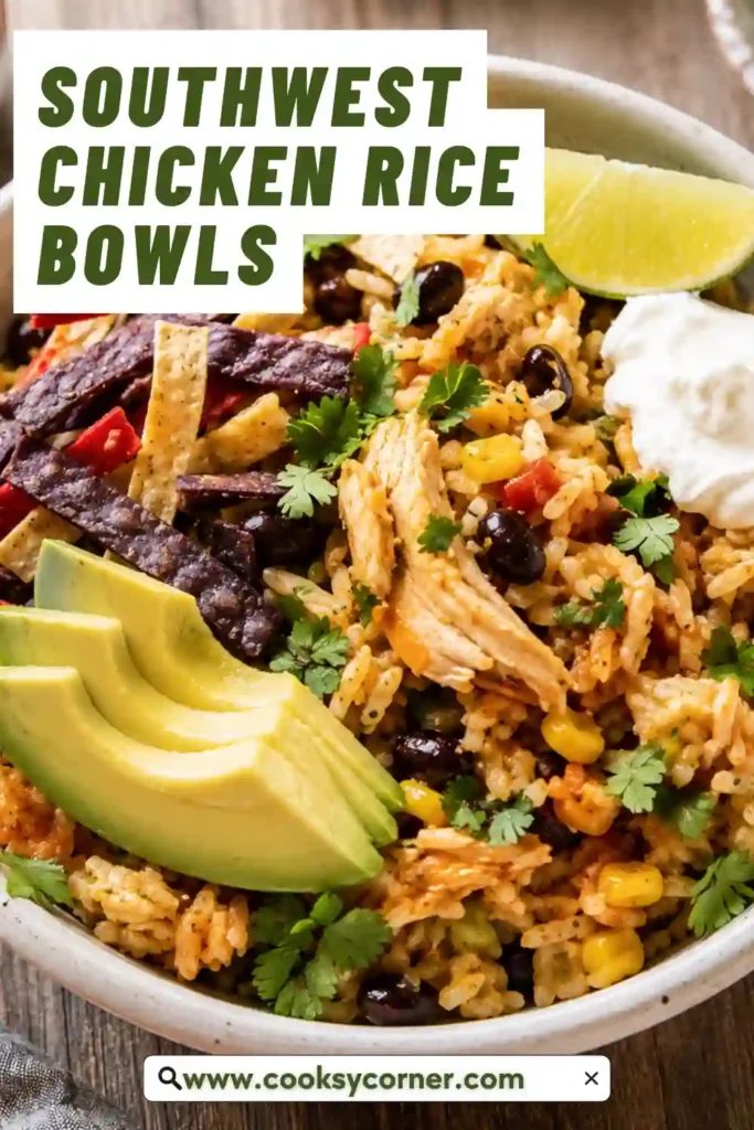 One-pan Southwest Chicken Rice Bowls featuring juicy chicken, basmati rice, black beans, colorful bell peppers, corn, and melted Mexican cheese.