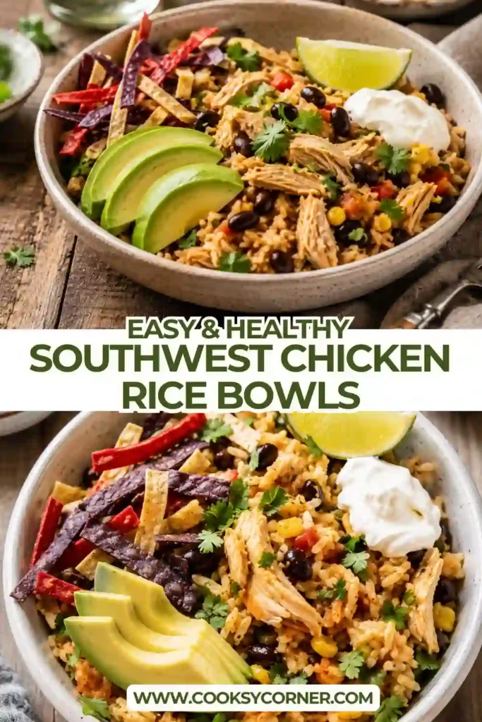 Homemade Southwest Chicken Rice Bowls topped with shredded cheese, avocado slices, lime wedges, and cilantro in a rustic serving bowl.