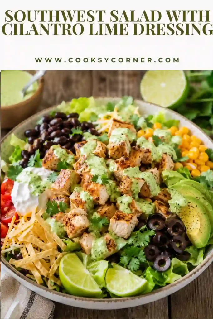 Healthy Southwest Salad with Cilantro Lime Dressing served in a large bowl with grilled chicken, corn, beans, tomatoes, jalapeños, and crispy tortilla strips. This protein-rich salad is fresh and satisfying.