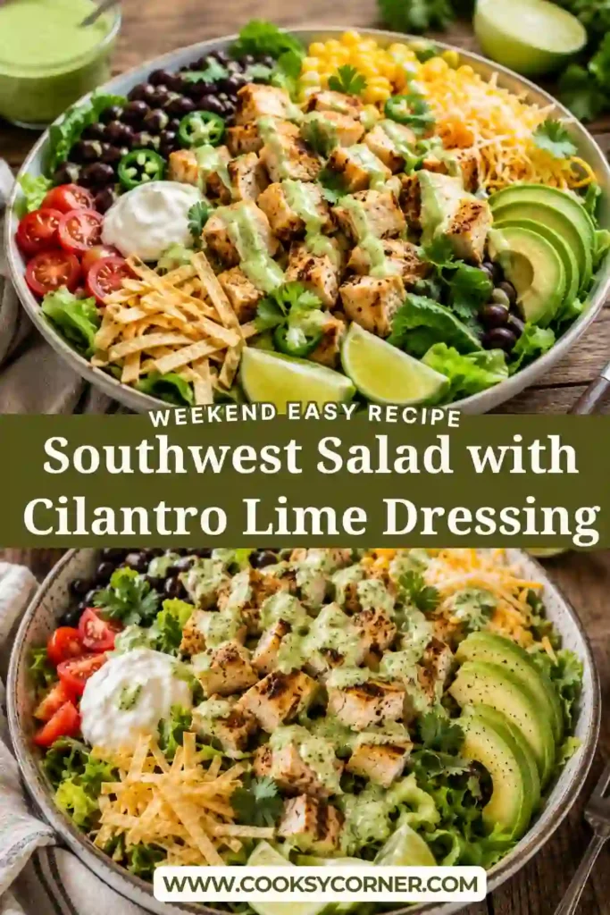 Fresh romaine lettuce layered with seasoned chicken, vegetables, guacamole, sour cream, and cilantro lime dressing in a flavorful Southwest chicken salad. The salad is packed with bold colors and wholesome ingredients.