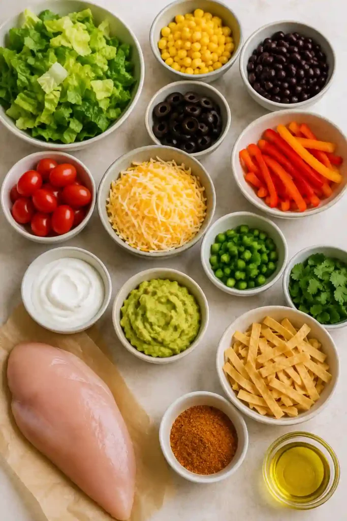 A delicious Mexican-inspired chicken salad featuring cilantro lime dressing, shredded cheese, fresh vegetables, black beans, and taco-seasoned chicken. Perfect for lunch, dinner, or meal prep.