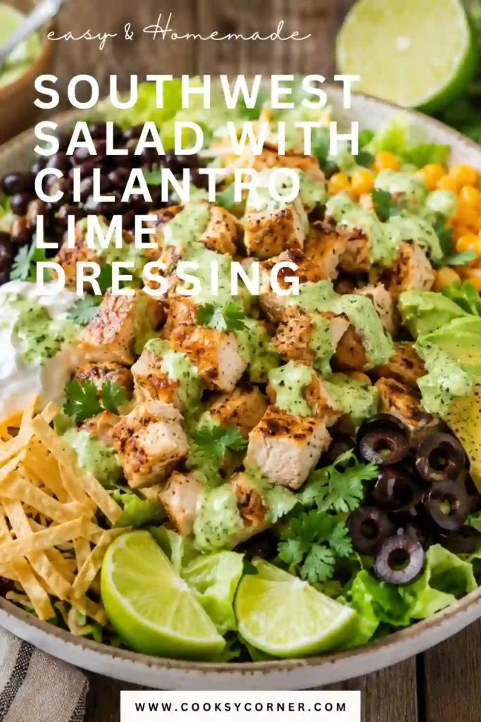 A colorful Southwest Salad with Cilantro Lime Dressing topped with sliced taco-seasoned chicken, black beans, corn, tomatoes, shredded cheese, and tortilla strips. This fresh Southwestern chicken salad is vibrant, hearty, and perfect for a healthy meal.