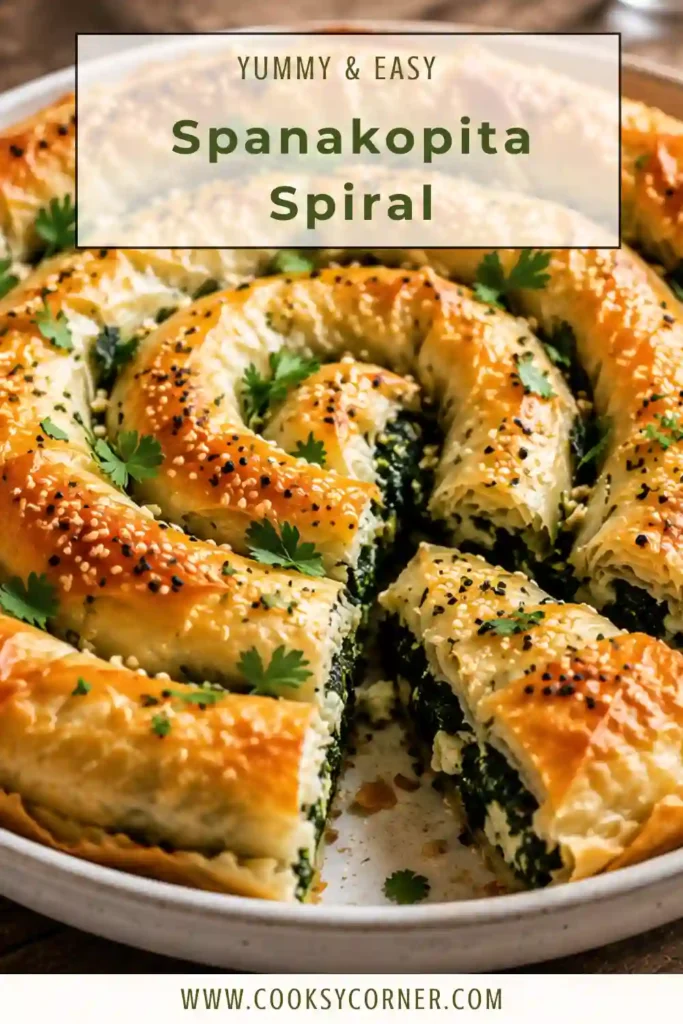 A homemade Spanakopita Spiral sliced into wedges, revealing creamy spinach and cheese filling surrounded by crisp golden filo pastry. Perfect for brunch or dinner.