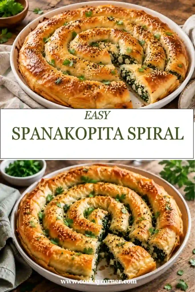 Freshly baked spiral spanakopita featuring crispy phyllo pastry, spinach, feta cheese, parsley, and toasted pine nuts. The flaky layers create a beautiful Mediterranean-inspired dish.