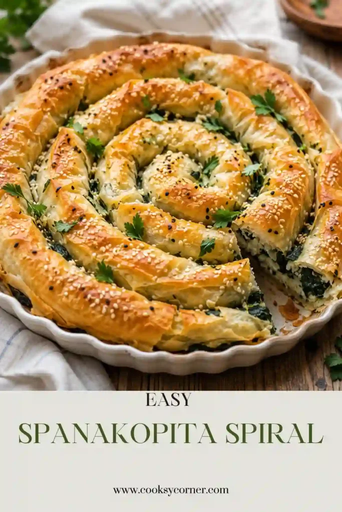 Golden Spanakopita Spiral baked until crisp with flaky filo pastry wrapped around a rich spinach and feta filling. This Greek spinach pie makes an impressive vegetarian meal for any occasion.