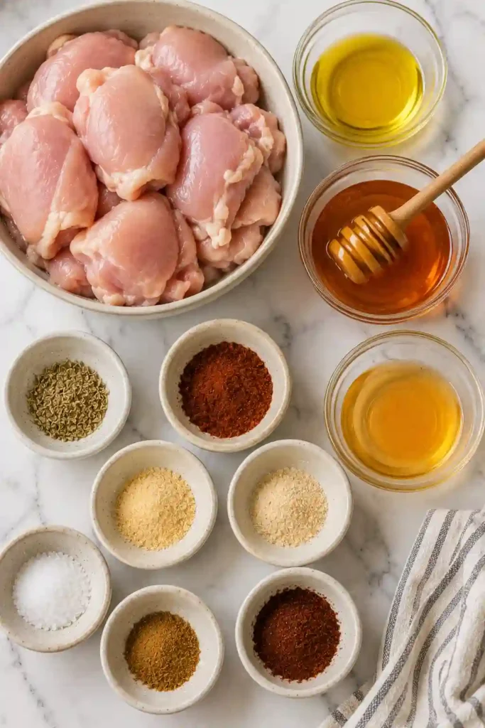 Freshly grilled Spicy Honey Chicken with golden honey glaze and charred grill marks served with lime wedges and herbs. A flavorful sweet and spicy chicken recipe.
