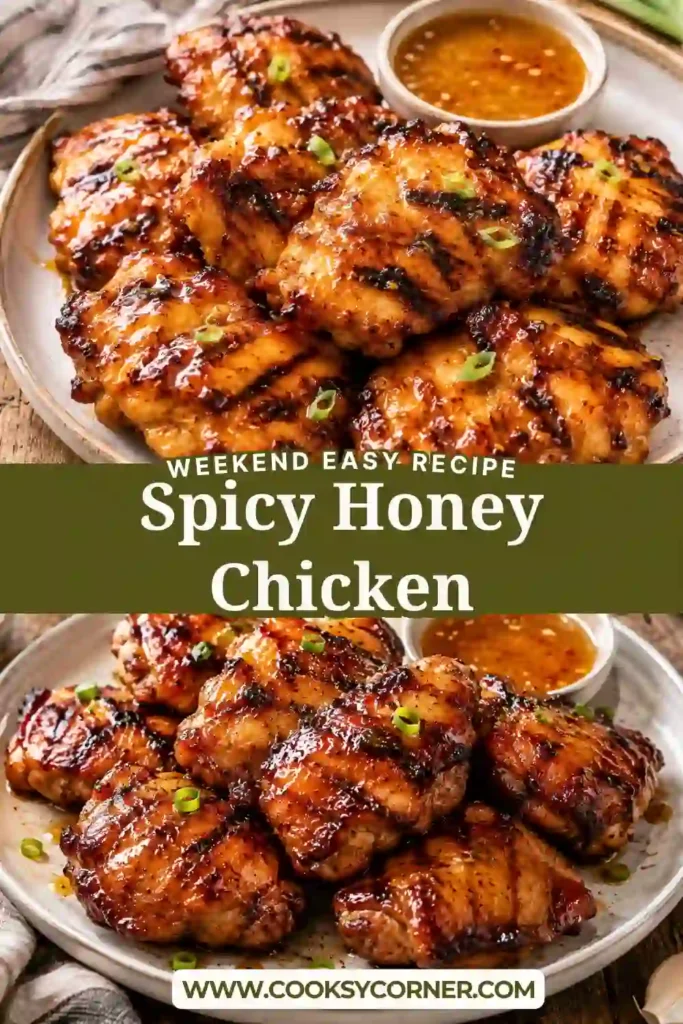 Grilled Spicy Honey Chicken thighs brushed with a glossy honey glaze and garnished with fresh herbs. The chicken has caramelized edges and a smoky finish.