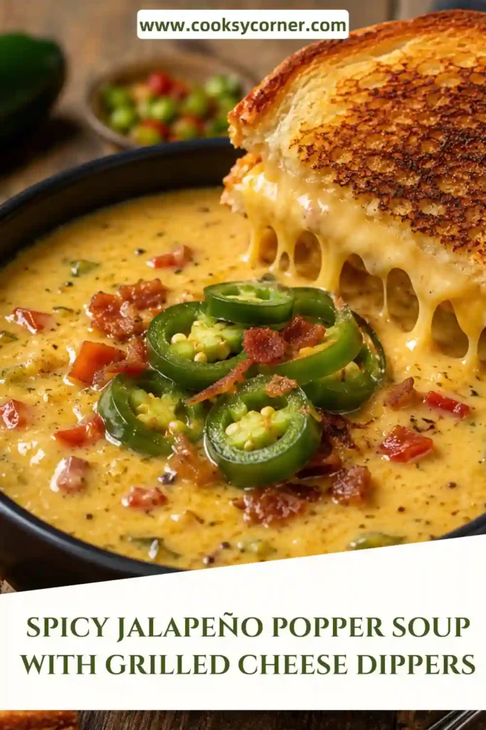 Homemade Spicy Jalapeño Popper Soup garnished with fresh green onions and crispy turkey bacon. Crispy grilled cheese dippers complete this hearty comfort food meal.