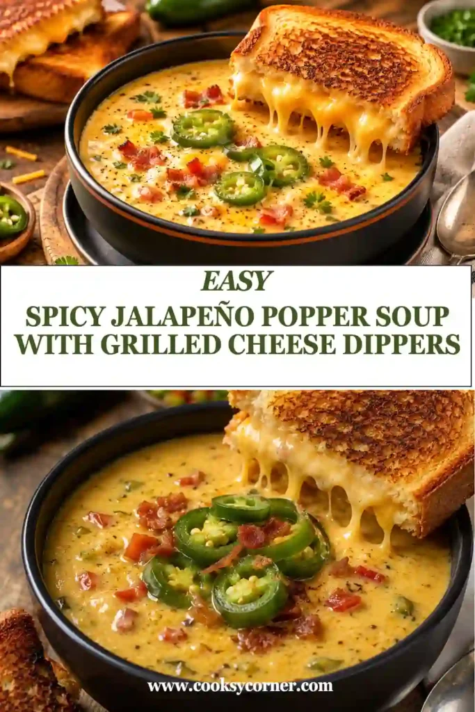 Creamy jalapeño cheddar soup served alongside golden grilled cheese strips made with sourdough bread. This comforting dinner features bold flavors and a smooth, cheesy texture.