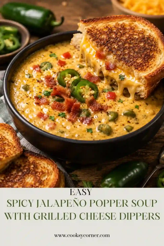A bowl of Spicy Jalapeño Popper Soup with Grilled Cheese Dippers topped with crispy turkey bacon, chopped chives, and melted cheddar cheese. The creamy soup looks rich, comforting, and perfect for dipping.