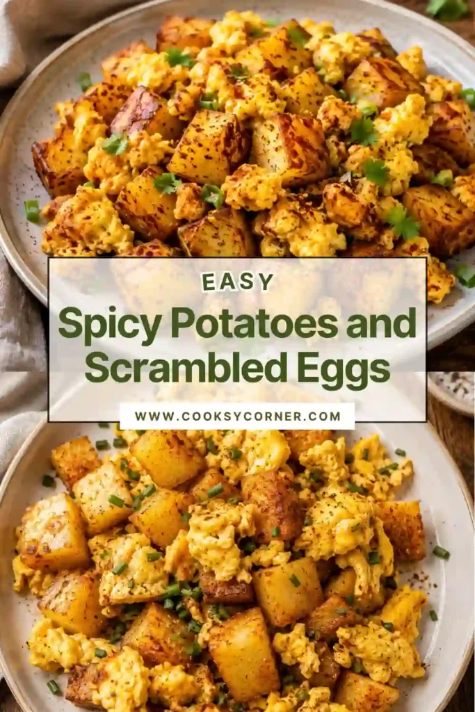 A breakfast plate of Spicy Potatoes and Scrambled Eggs featuring crispy golden potatoes seasoned with turmeric, cumin, and coriander alongside fluffy scrambled eggs.