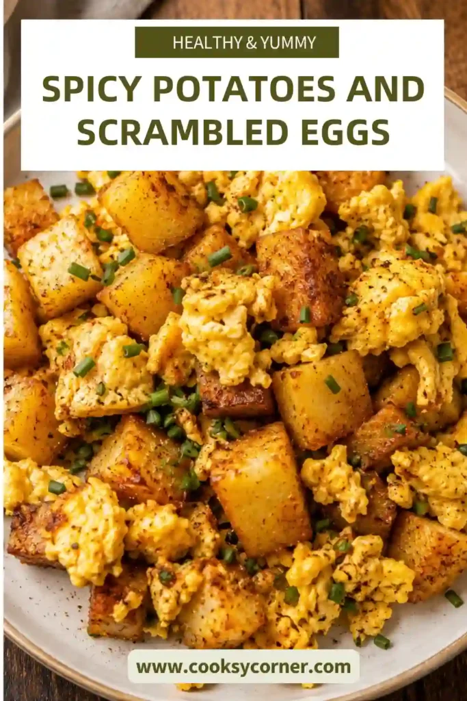 Crispy breakfast potatoes with warm spices paired with fluffy scrambled eggs in a hearty vegetarian breakfast.