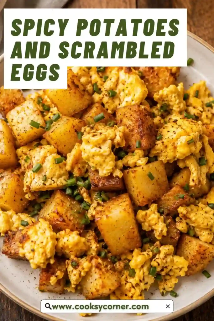 Homemade spicy potatoes served with creamy scrambled eggs on a rustic breakfast plate, garnished with fresh herbs.