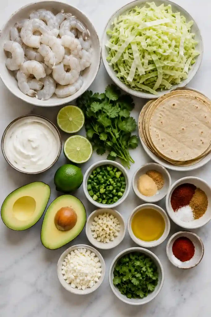 Healthy Spicy Shrimp Tacos with creamy garlic cilantro lime sauce, avocado, cabbage slaw, and seasoned shrimp wrapped in soft tortillas.
