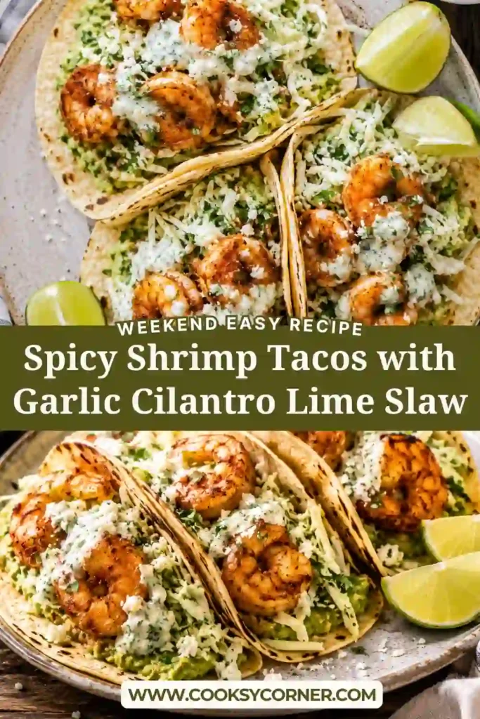 Spicy Shrimp Tacos with Garlic Cilantro Lime Slaw served in warm tortillas with avocado, Cotija cheese, and fresh lime wedges.