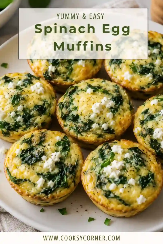 Healthy spinach egg muffins baked in a muffin tin with golden tops and creamy feta cheese visible throughout.