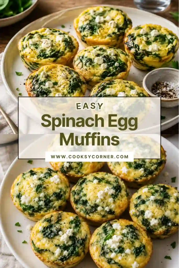 Freshly baked Spinach Egg Muffins made with fluffy eggs, spinach, and crumbled feta cheese served on a white plate.