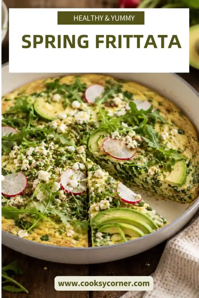 3. Healthy Spring Frittata served with avocado and fresh arugula on a white plate. The baked eggs are filled with seasonal vegetables and vibrant herbs.