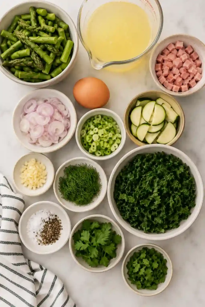 4.
Close-up of a fluffy vegetable frittata loaded with asparagus, zucchini, herbs, and turkey ham. This easy breakfast recipe is ideal for meal prep and brunch.