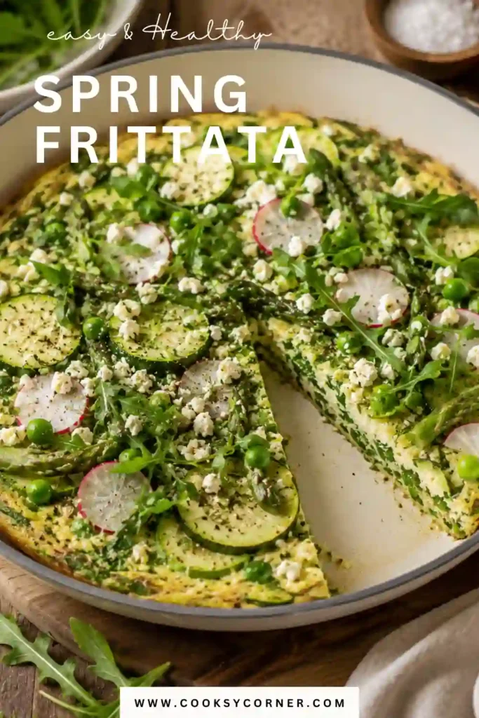 1. A golden Spring Frittata baked with asparagus, zucchini, leafy greens, and fresh herbs in a skillet. This high-protein breakfast is colorful, fluffy, and perfect for spring brunch.