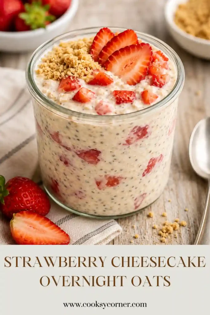 Healthy Strawberry Cheesecake Overnight Oats garnished with fresh strawberries and crunchy graham cracker crumbs.