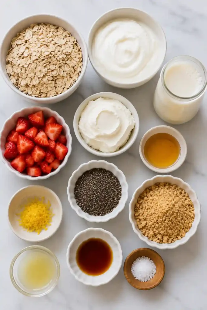 Make-ahead overnight oats with cream cheese, rolled oats, chia seeds, and fresh strawberries served in a breakfast jar.