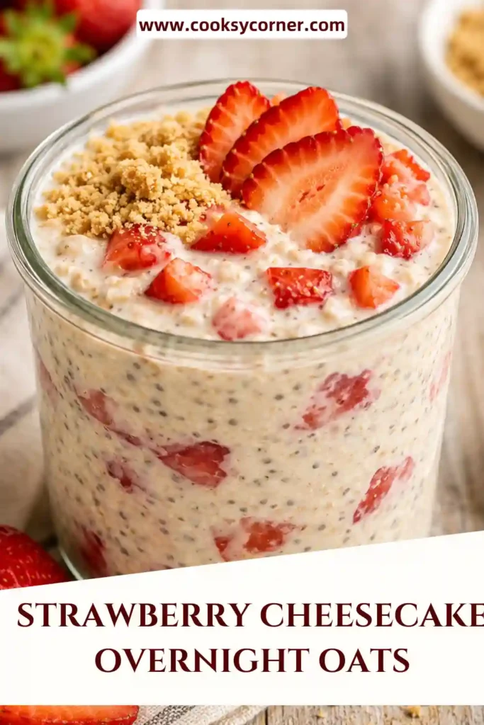 Creamy overnight oats made with Greek yogurt, strawberries, cream cheese, and lemon zest in a glass mason jar.