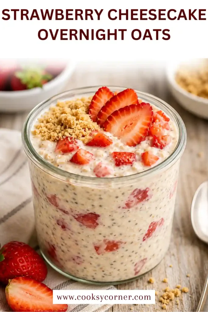 A jar of Strawberry Cheesecake Overnight Oats topped with fresh strawberries, graham cracker crumbs, and a swirl of strawberry jam.