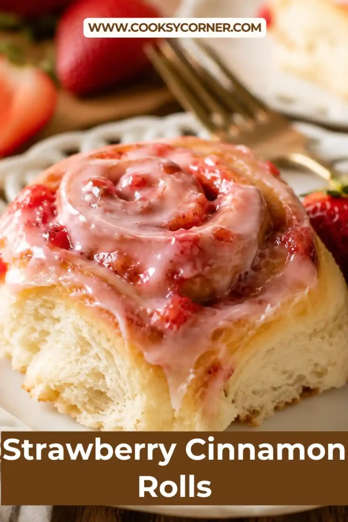 Soft homemade Strawberry Cinnamon Rolls with swirls of strawberry filling and creamy pink icing.