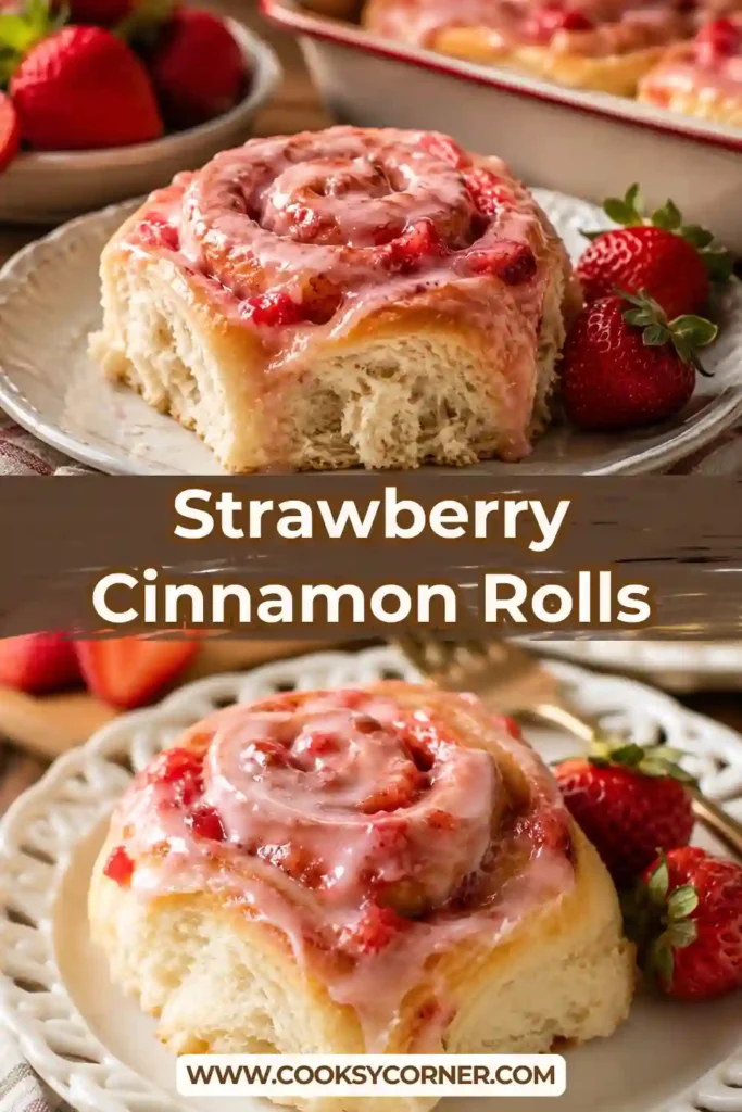Golden cinnamon rolls filled with homemade strawberry filling and topped with sweet strawberry icing.