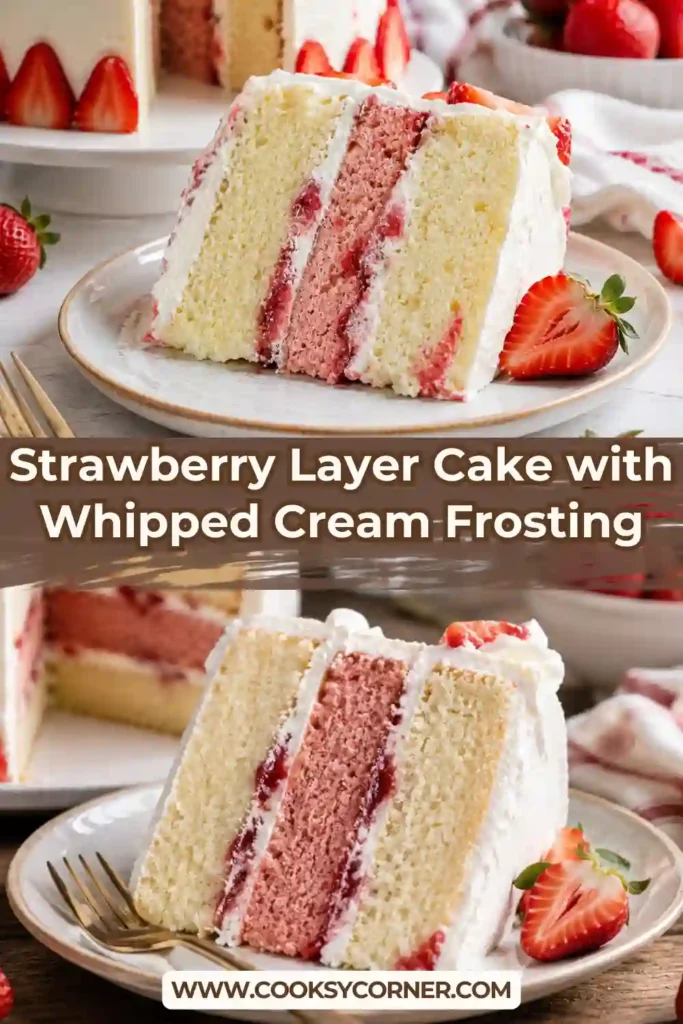 Fresh Strawberry Layer Cake topped with whipped cream frosting and whole strawberries on a white cake stand. The cake features soft layers and creamy filling.