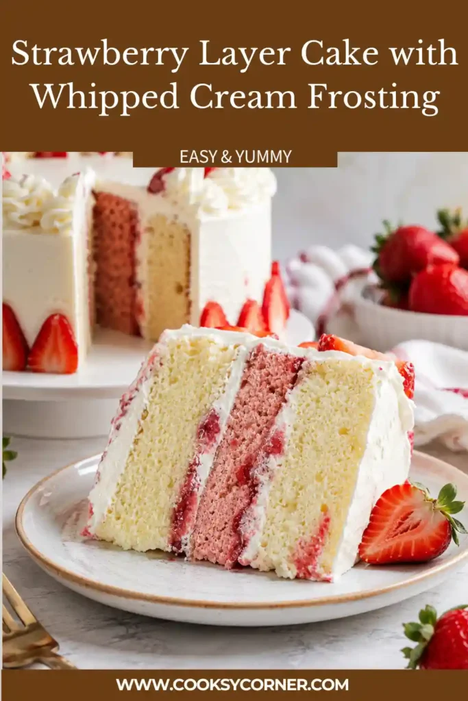A Strawberry Layer Cake with Whipped Cream Frosting decorated with fresh strawberries and smooth whipped frosting. The cake reveals beautiful layers of vanilla cake, strawberry cake, and homemade strawberry filling.