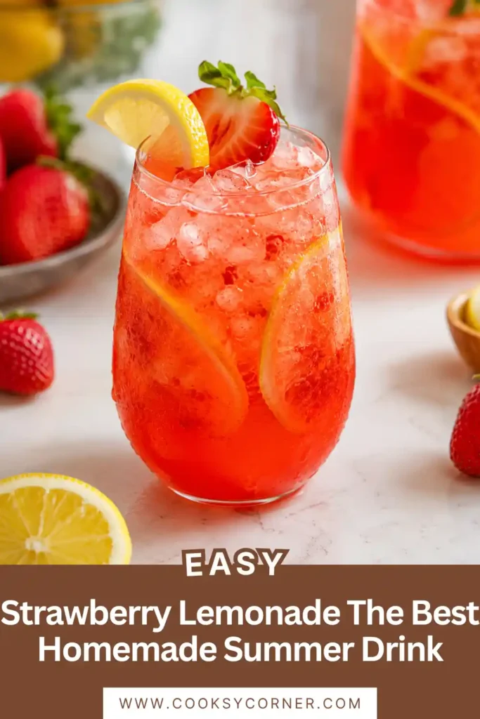 Homemade Strawberry Lemonade made with fresh strawberries, lemon juice, and simple syrup. A refreshing pink drink served chilled for summer entertaining.
