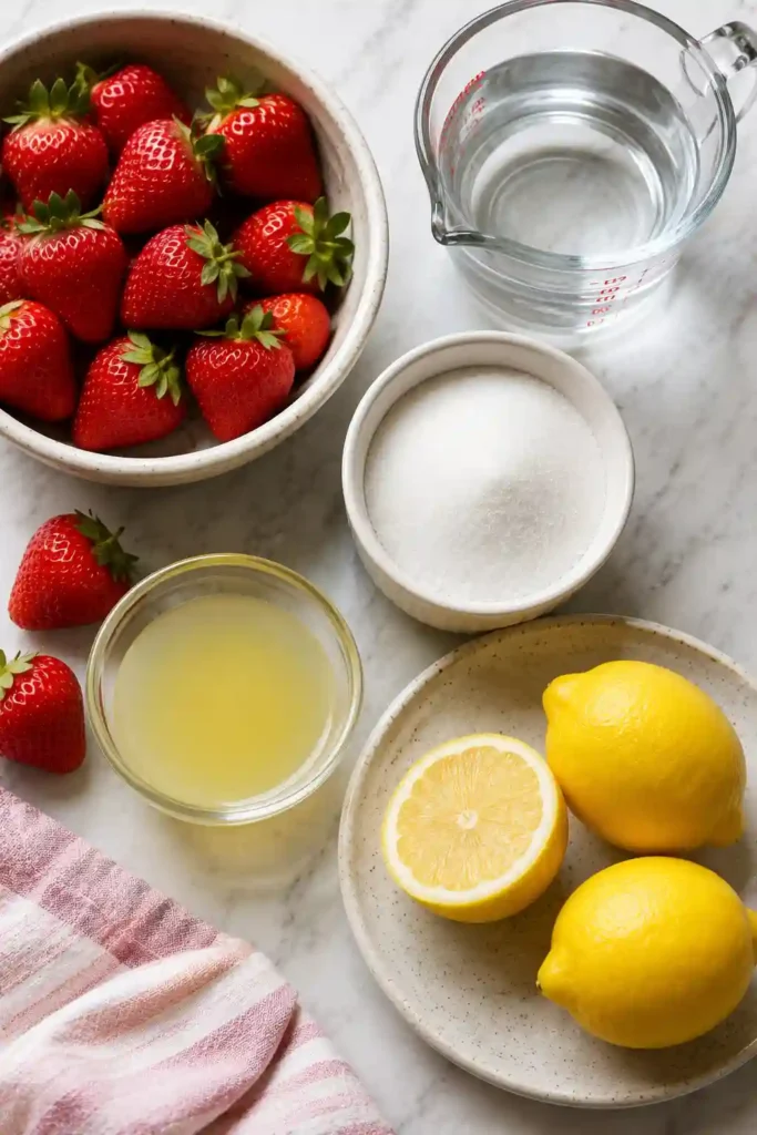 Refreshing Strawberry Lemonade displayed in a glass pitcher alongside fresh lemons and ripe strawberries. A colorful homemade drink ideal for picnics and backyard parties.