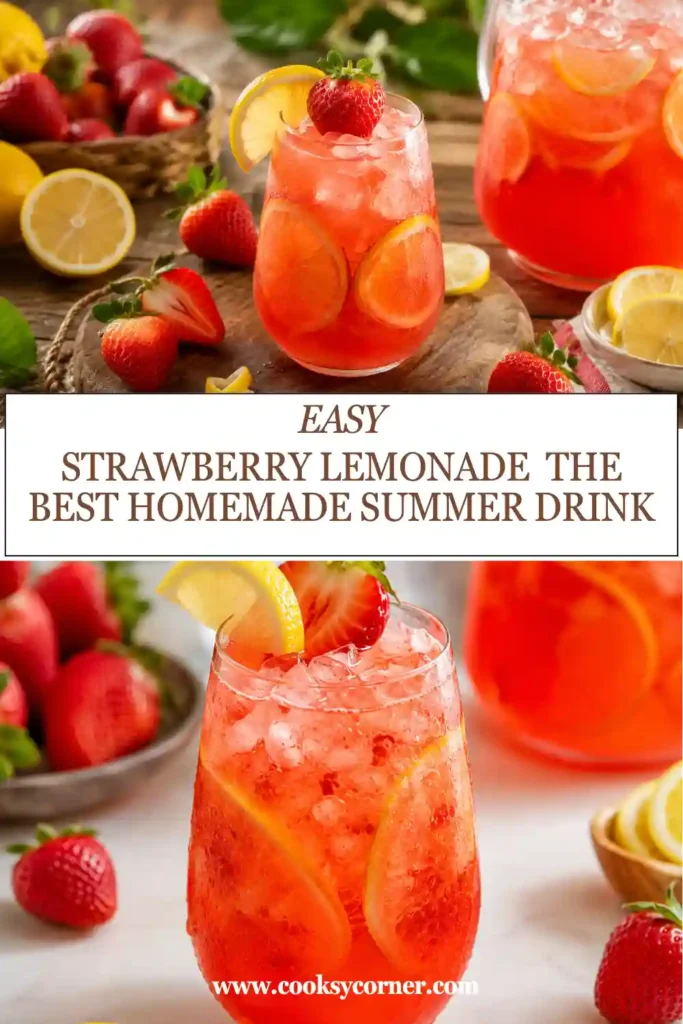 Fresh Strawberry Lemonade poured into a clear glass with ice cubes, lemon wheels, and mint leaves. This homemade beverage is bright, fruity, and perfect for warm weather.