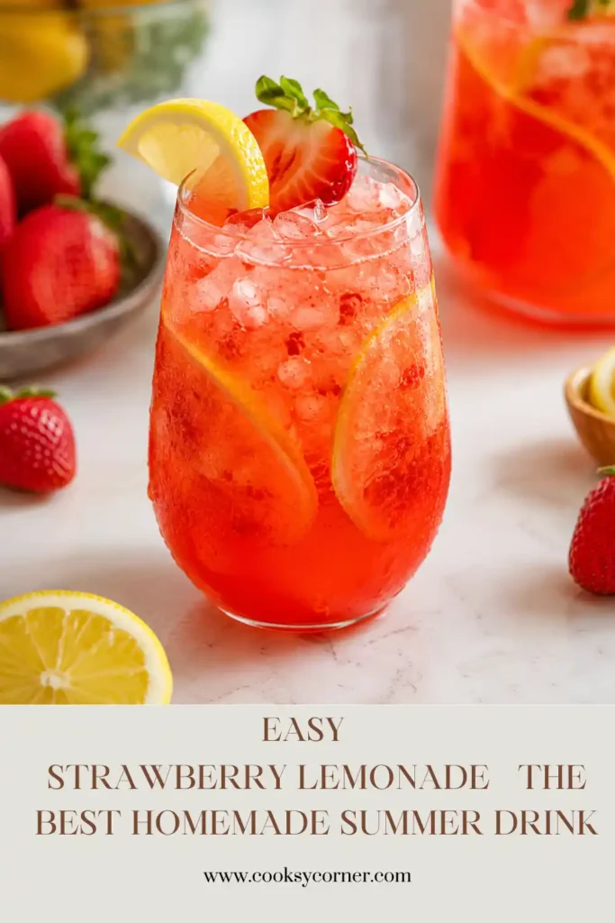 A glass of homemade Strawberry Lemonade served over ice with fresh strawberries and lemon slices. The refreshing summer drink has a vibrant pink color and fresh fruit garnish.